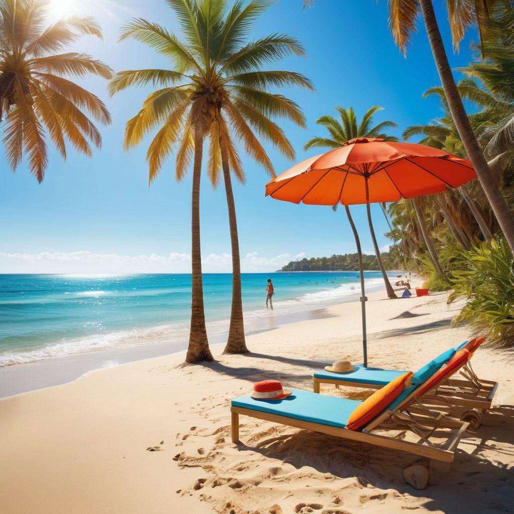 A vibrant beach scene featuring a diverse group of stylish individuals wearing fashionable two-piece outfits, showcasing various daring designs and chic cuts. Bright sun shining overhead, with colorful umbrellas and beach accessories adding to the summery vibe. Include elements like palm trees and a crystal-clear ocean in the background, creating an inviting atmosphere. Use vibrant colors and a cheerful mood to capture the essence of sunny days. super-realistic. vibrant colors. warm tones.