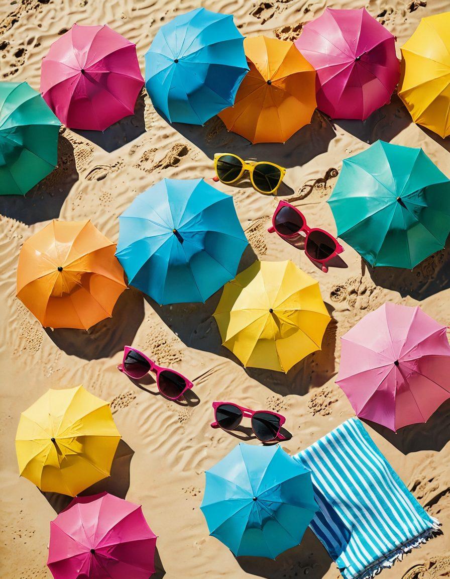 A sun-kissed sandy beach scene with vibrant tropical umbrellas and beach towels scattered around. Showcase a diverse group of fashionably dressed women trying on various stylish bikinis, radiating joy and confidence. Include bright blue ocean waves lapping at the shore and a clear sunny sky in the background. Add playful beach accessories like sunglasses, hats, and beachballs to enhance the summer vibe. super-realistic. vibrant colors. bright blue sky.